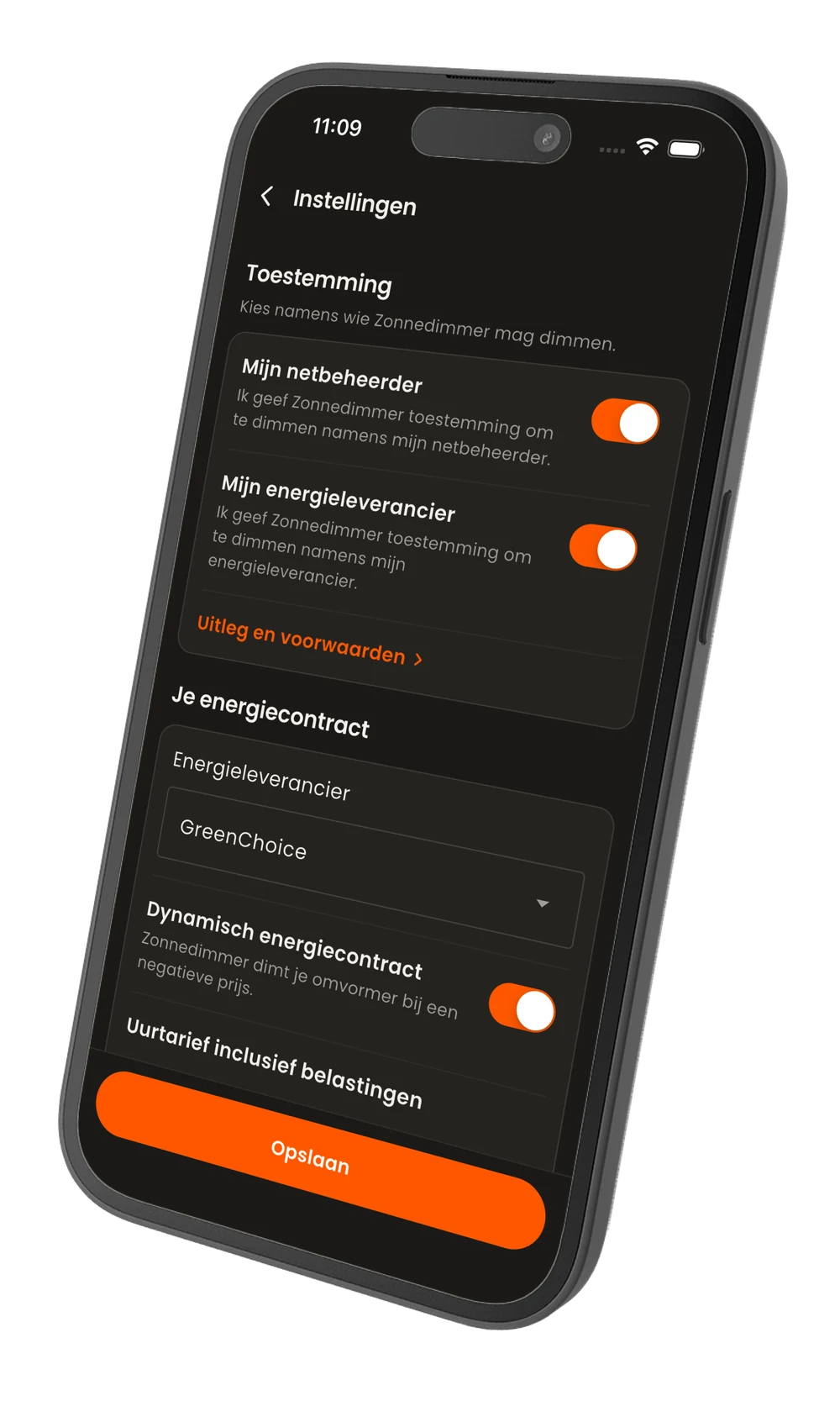 The settings screen in the app, where you set up dimming at negative prices.