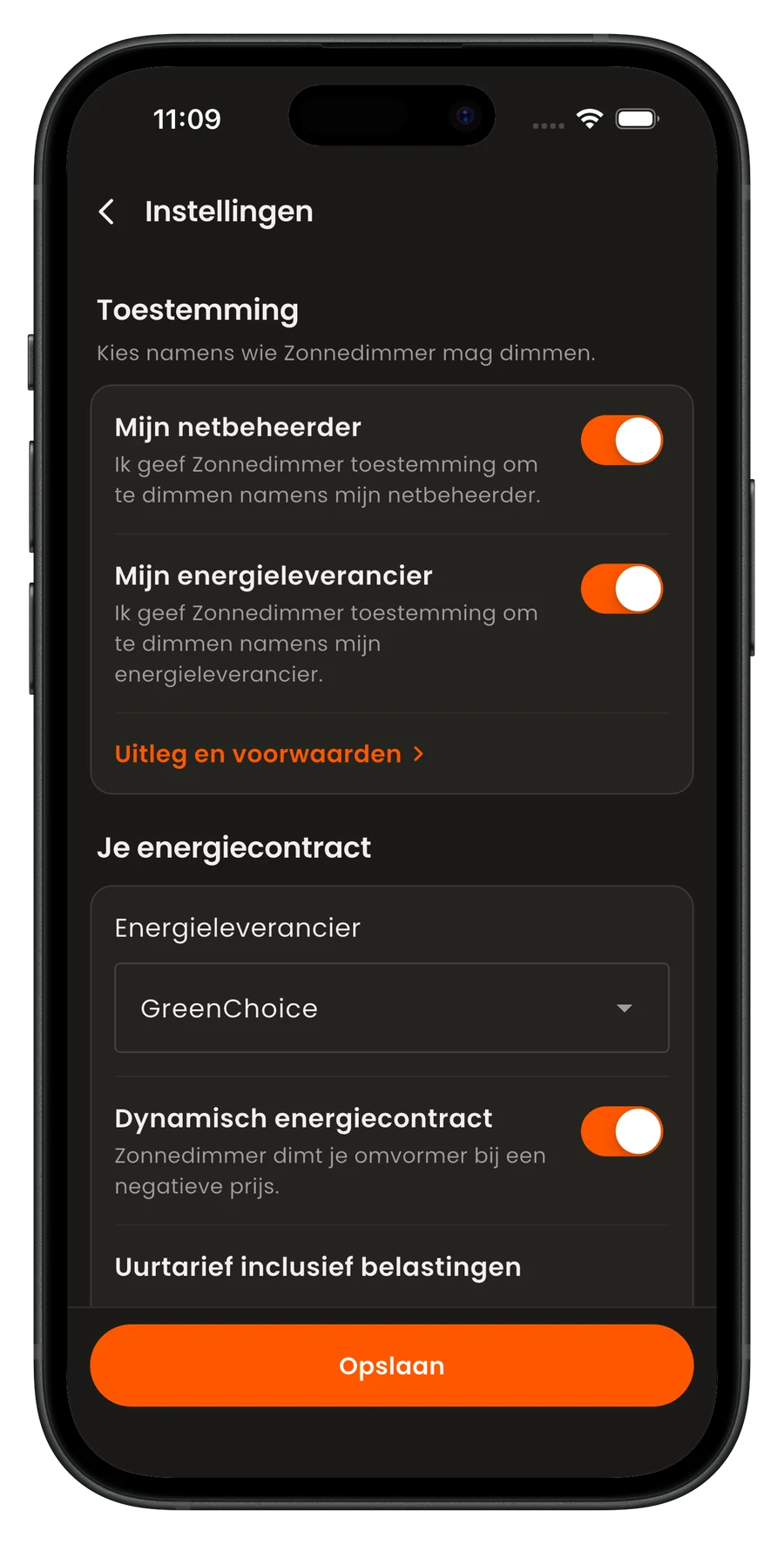 Het instellingenscherm met de toestemming per partij en je energiecontract.